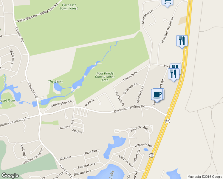 map of restaurants, bars, coffee shops, grocery stores, and more near 15 Portside Drive in Bourne