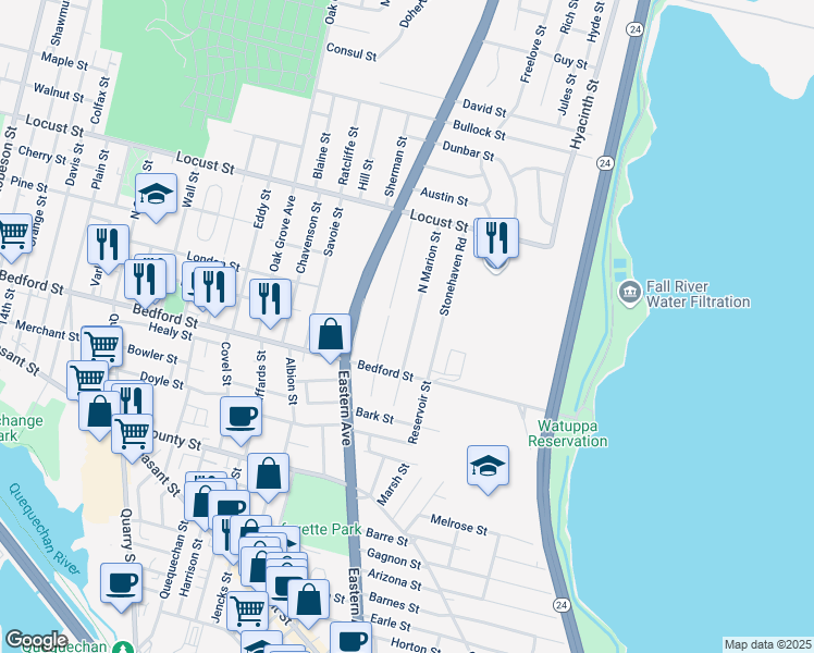 map of restaurants, bars, coffee shops, grocery stores, and more near 100 North Marion Street in Fall River