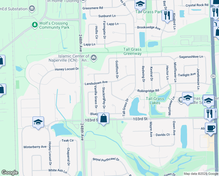 map of restaurants, bars, coffee shops, grocery stores, and more near 3511 Sweet Maggie Lane in Naperville