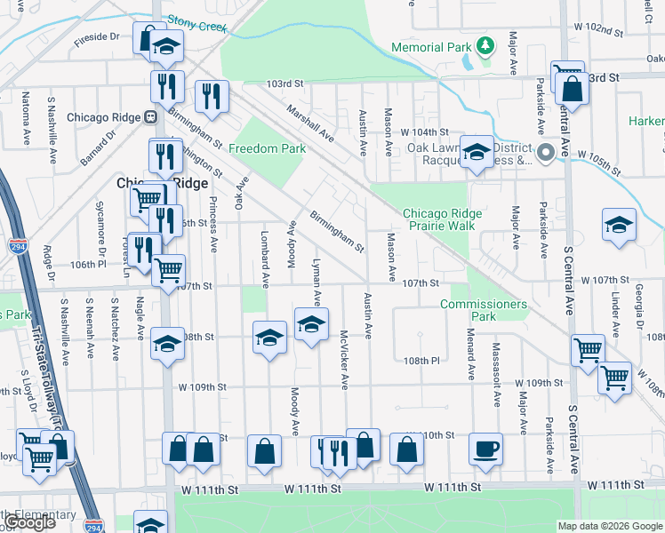 map of restaurants, bars, coffee shops, grocery stores, and more near 6027 Washington Street in Chicago Ridge