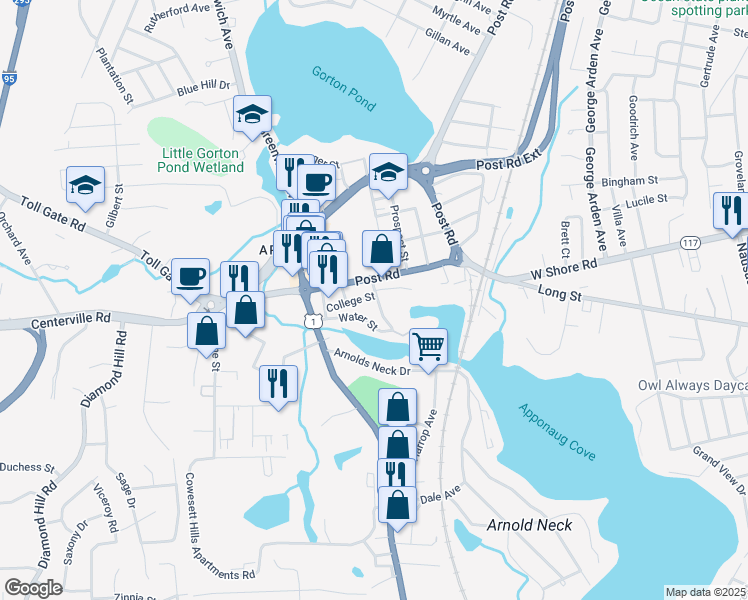 map of restaurants, bars, coffee shops, grocery stores, and more near 25 Colonial Avenue in Warwick