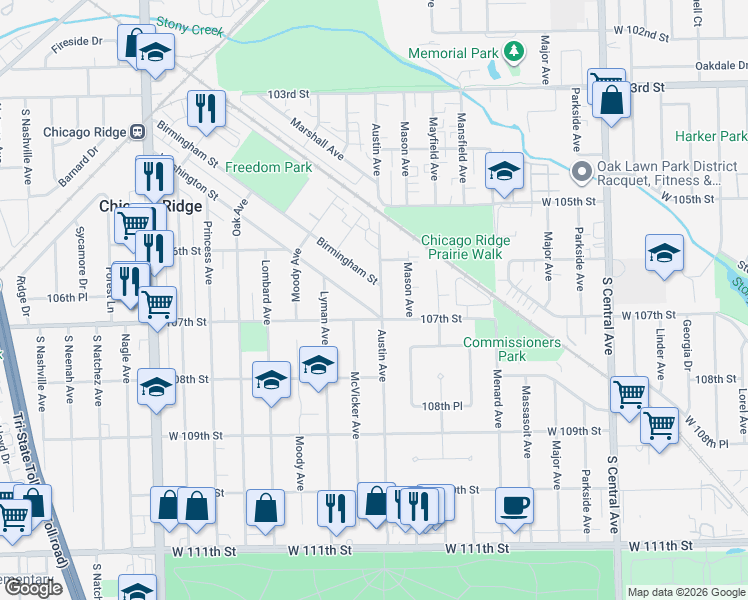 map of restaurants, bars, coffee shops, grocery stores, and more near 10648 Austin Avenue in Chicago Ridge