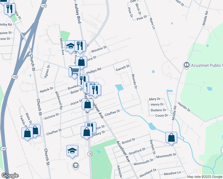 map of restaurants, bars, coffee shops, grocery stores, and more near 919 Victoria Street in New Bedford