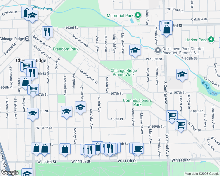 map of restaurants, bars, coffee shops, grocery stores, and more near 10631 Mason Ave in Chicago Ridge