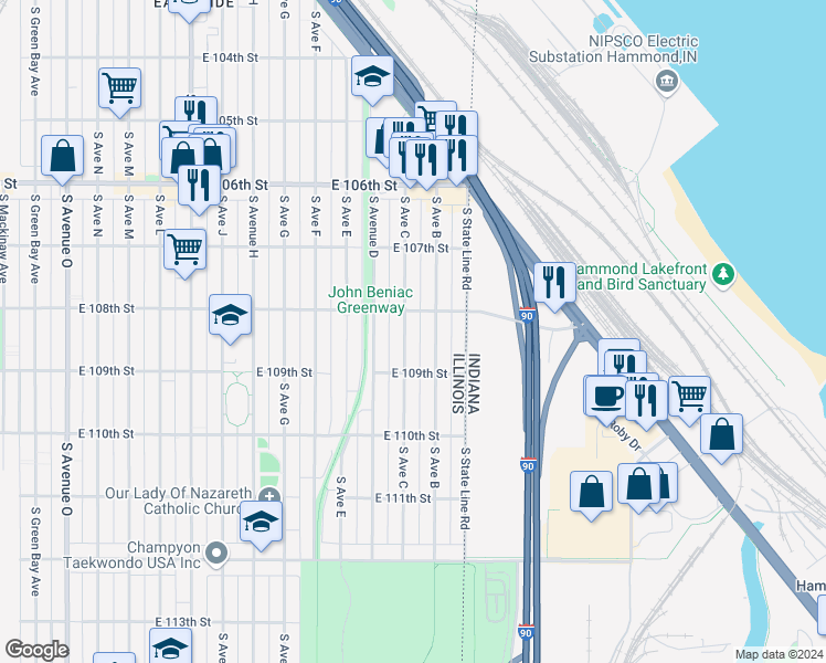 map of restaurants, bars, coffee shops, grocery stores, and more near 10819 South Avenue C in Chicago