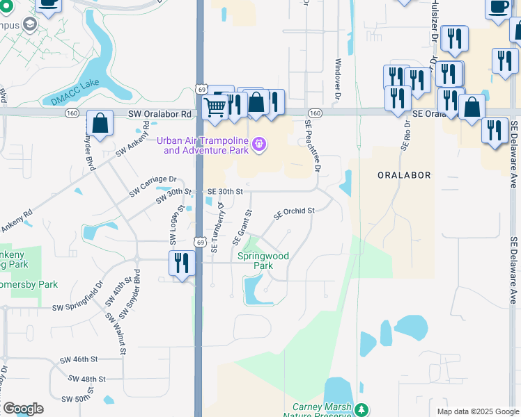 map of restaurants, bars, coffee shops, grocery stores, and more near 3009 Southeast Grant Street in Ankeny