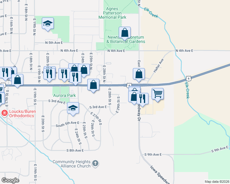 map of restaurants, bars, coffee shops, grocery stores, and more near 2806 S 2nd Ave E in Newton