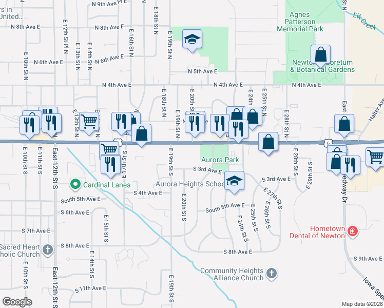 map of restaurants, bars, coffee shops, grocery stores, and more near 2009 1st Avenue East in Newton