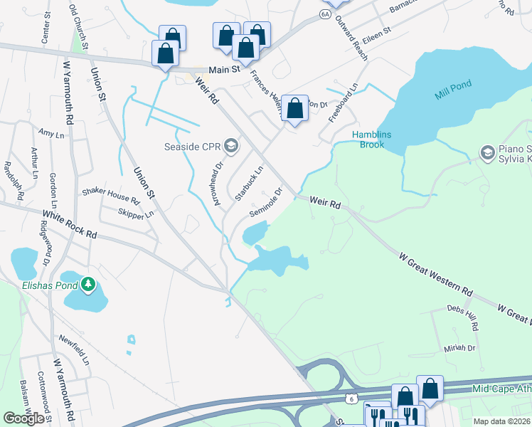 map of restaurants, bars, coffee shops, grocery stores, and more near 48 Seminole Drive in Yarmouth