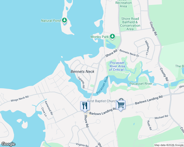 map of restaurants, bars, coffee shops, grocery stores, and more near 46 King Phillip Road in Bourne
