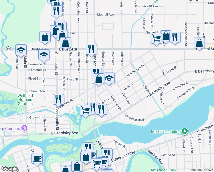 map of restaurants, bars, coffee shops, grocery stores, and more near 1000 McPherson Street in Elkhart