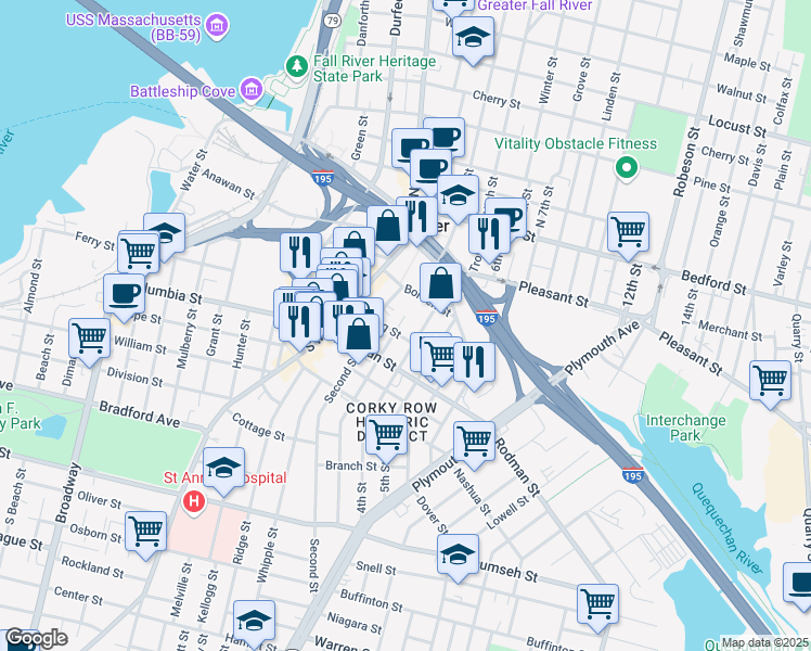 map of restaurants, bars, coffee shops, grocery stores, and more near 252 Third Street in Fall River