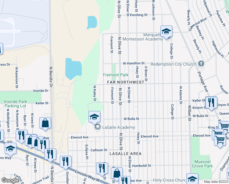 map of restaurants, bars, coffee shops, grocery stores, and more near 1734 Fremont Street in South Bend