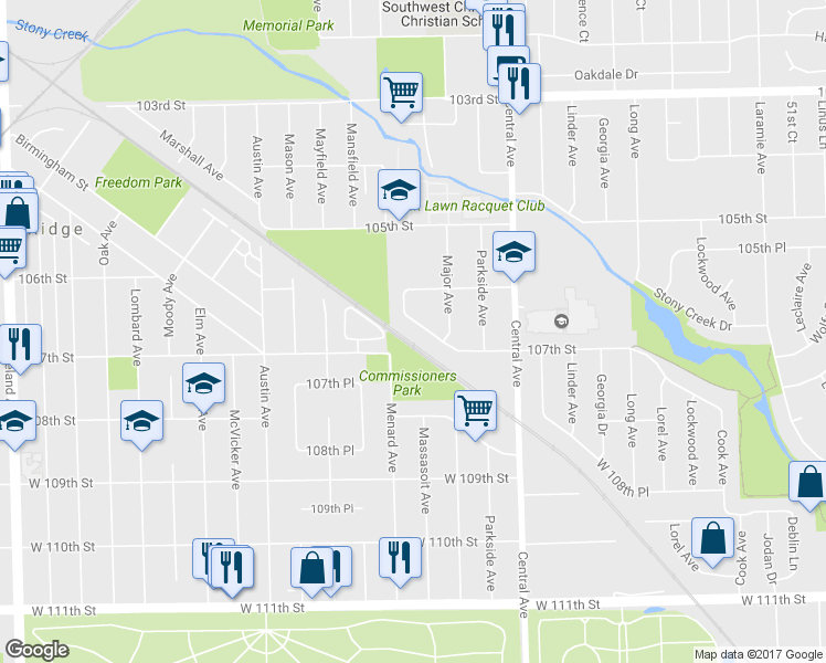map of restaurants, bars, coffee shops, grocery stores, and more near 5725 Ridgemont Lane in Chicago Ridge