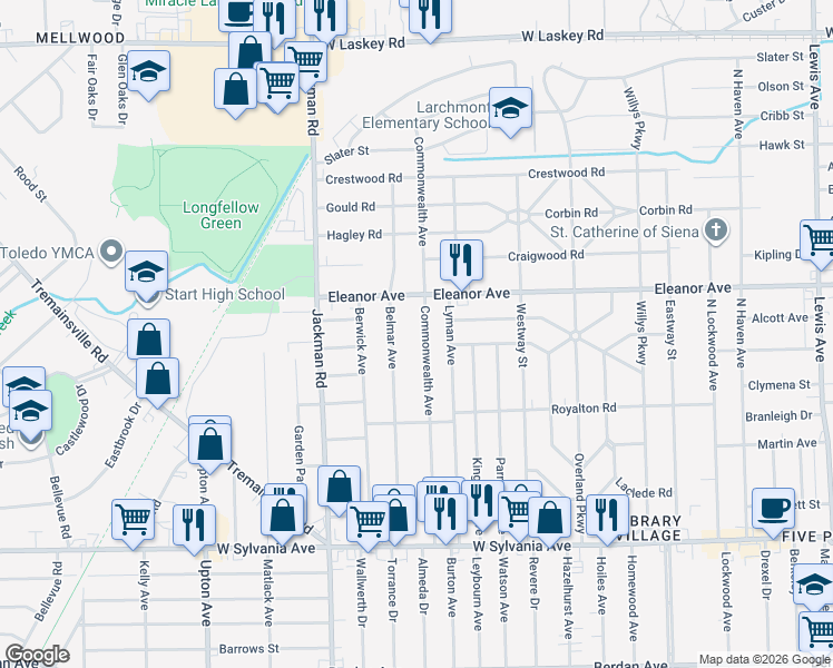 map of restaurants, bars, coffee shops, grocery stores, and more near 4415 Commonwealth Avenue in Toledo