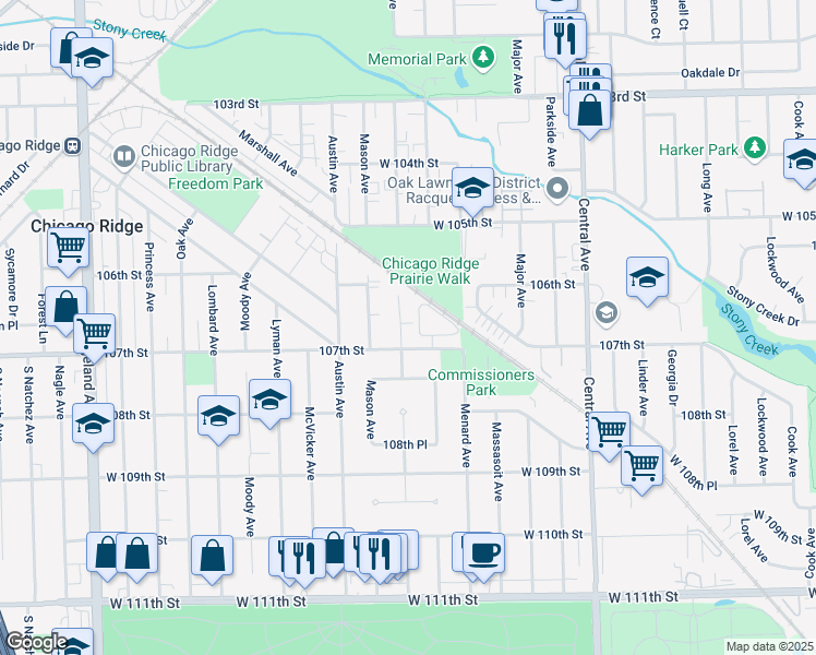 map of restaurants, bars, coffee shops, grocery stores, and more near 10631 Mayfield Avenue in Chicago Ridge