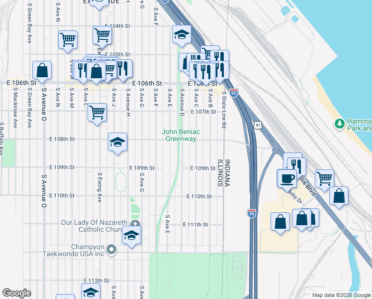 map of restaurants, bars, coffee shops, grocery stores, and more near 10819 South Avenue D in Chicago