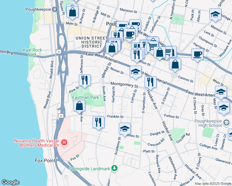 map of restaurants, bars, coffee shops, grocery stores, and more near 13 Garfield Place in Poughkeepsie