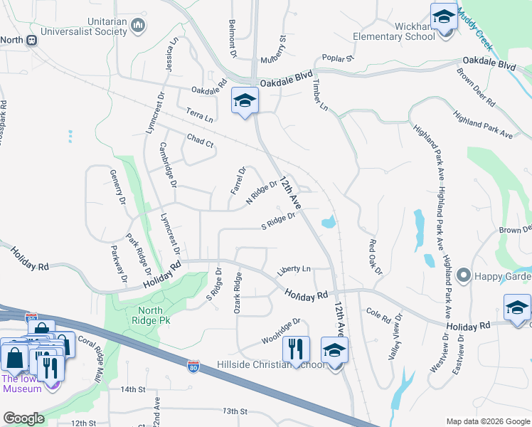 map of restaurants, bars, coffee shops, grocery stores, and more near 1919 South Ridge Drive in Coralville