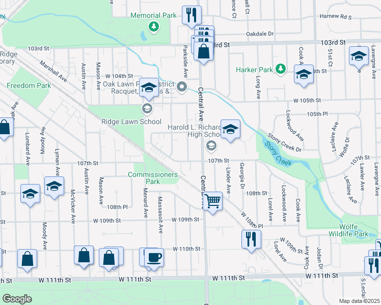 map of restaurants, bars, coffee shops, grocery stores, and more near 10639 Parkside Avenue in Chicago Ridge