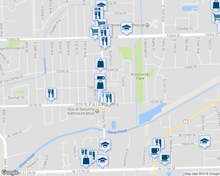 map of restaurants, bars, coffee shops, grocery stores, and more near 7932 Tiffany Court in Palos Hills