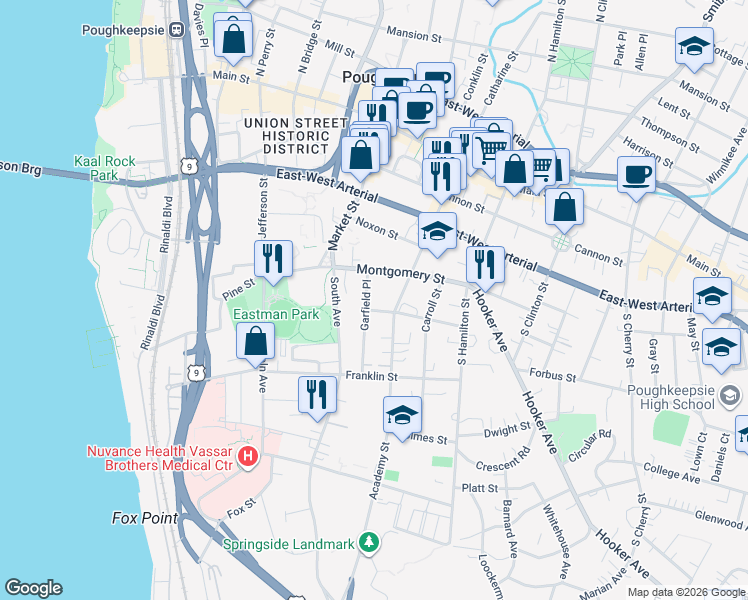 map of restaurants, bars, coffee shops, grocery stores, and more near 13 Garfield Place in Poughkeepsie