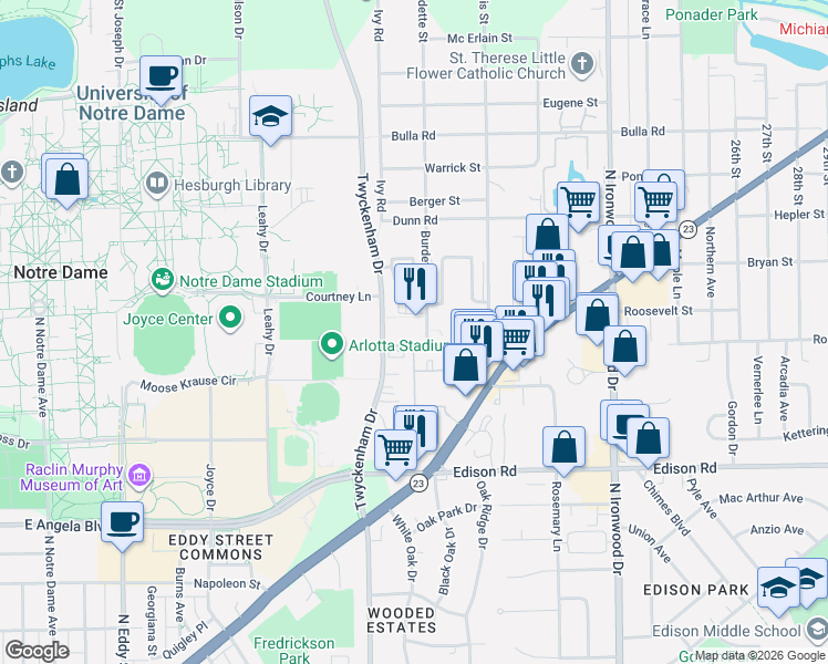 map of restaurants, bars, coffee shops, grocery stores, and more near 1735 Burdette Street in South Bend