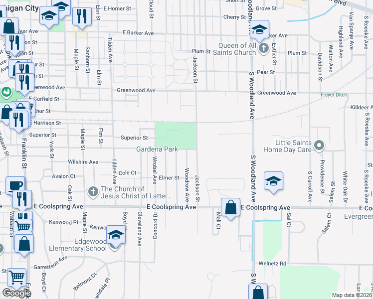 map of restaurants, bars, coffee shops, grocery stores, and more near 1100 Gardena Street in Michigan City
