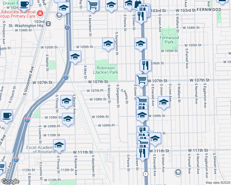 map of restaurants, bars, coffee shops, grocery stores, and more near 10736 South Sangamon Street in Chicago
