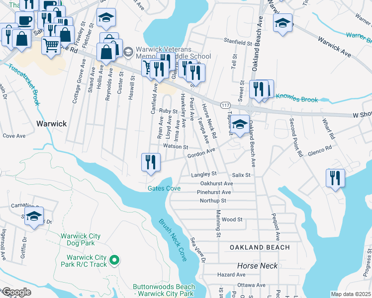 map of restaurants, bars, coffee shops, grocery stores, and more near 38 Watson Street in Warwick