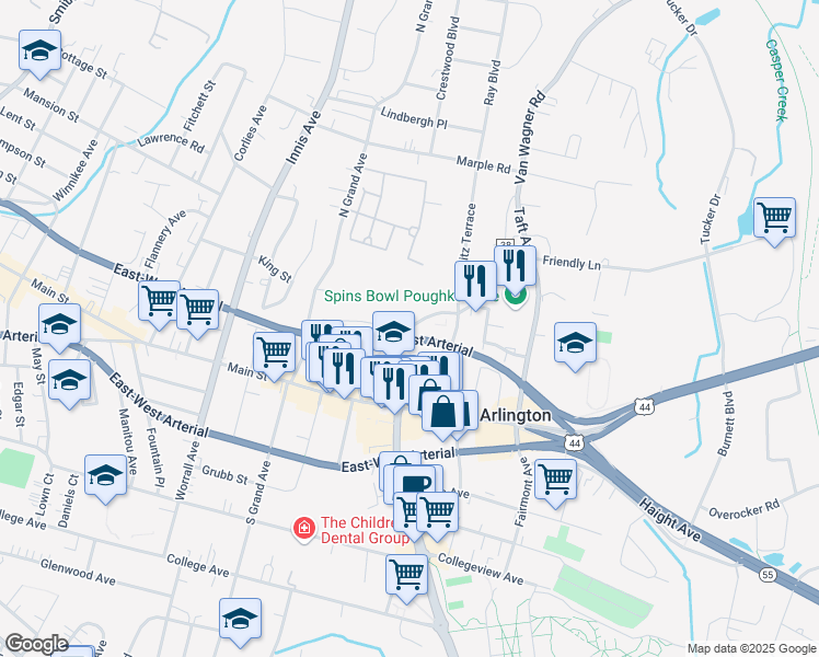 map of restaurants, bars, coffee shops, grocery stores, and more near 52 Springside Avenue in Poughkeepsie