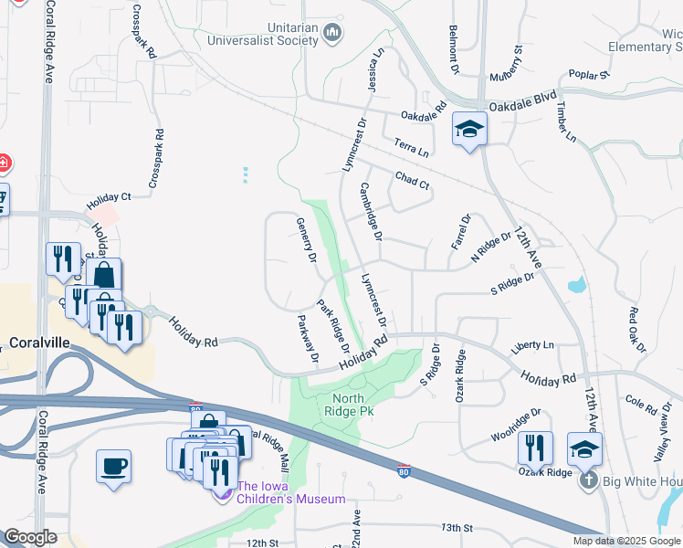 map of restaurants, bars, coffee shops, grocery stores, and more near 2111 North Ridge Drive in Coralville