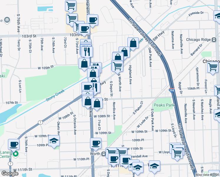 map of restaurants, bars, coffee shops, grocery stores, and more near 10610 South Depot Street in Worth
