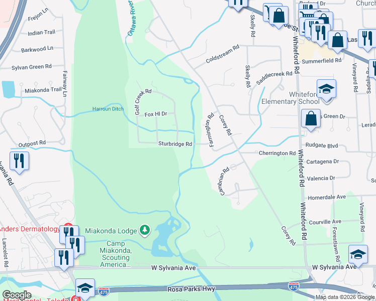 map of restaurants, bars, coffee shops, grocery stores, and more near 5501 Sturbridge Rd in Toledo