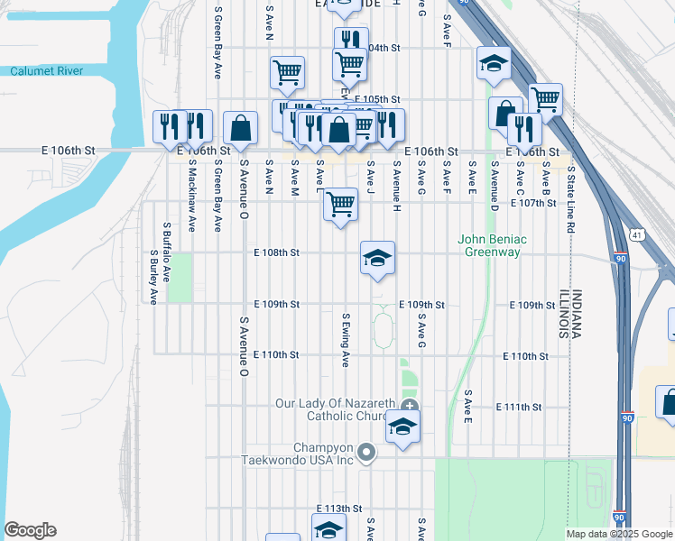 map of restaurants, bars, coffee shops, grocery stores, and more near 10818 South Ewing Avenue in Chicago