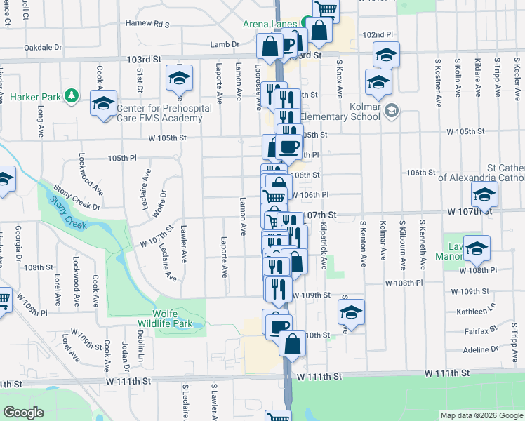 map of restaurants, bars, coffee shops, grocery stores, and more near 4820 West 107th Street in Oak Lawn