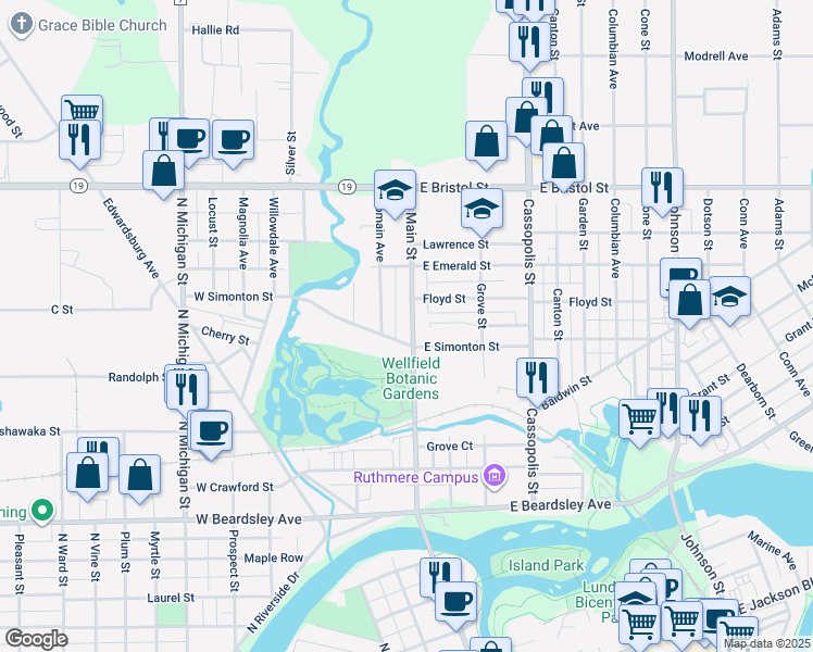 map of restaurants, bars, coffee shops, grocery stores, and more near 1219 North Main Street in Elkhart