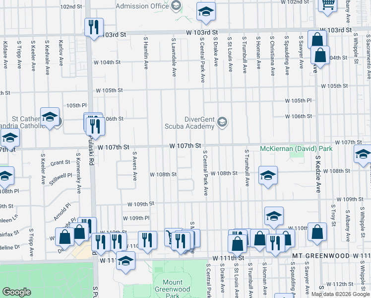 map of restaurants, bars, coffee shops, grocery stores, and more near 3643 West 107th Street in Chicago