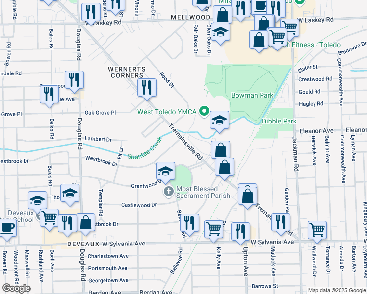 map of restaurants, bars, coffee shops, grocery stores, and more near 2067 Tremainsville Road in Toledo
