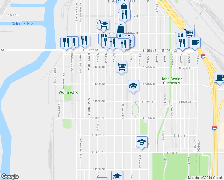 map of restaurants, bars, coffee shops, grocery stores, and more near 10818 South Avenue L in Chicago