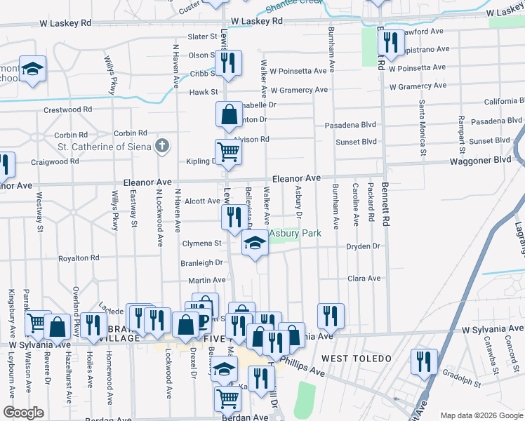 map of restaurants, bars, coffee shops, grocery stores, and more near 4409 Walker Avenue in Toledo