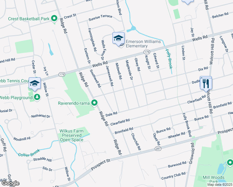 map of restaurants, bars, coffee shops, grocery stores, and more near 96 Jameswell Road in Wethersfield
