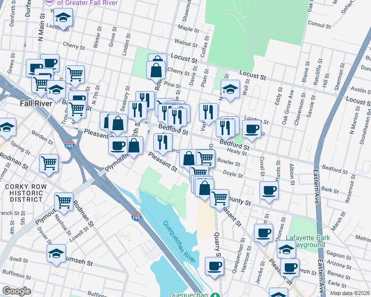 map of restaurants, bars, coffee shops, grocery stores, and more near 73 18th Street in Fall River