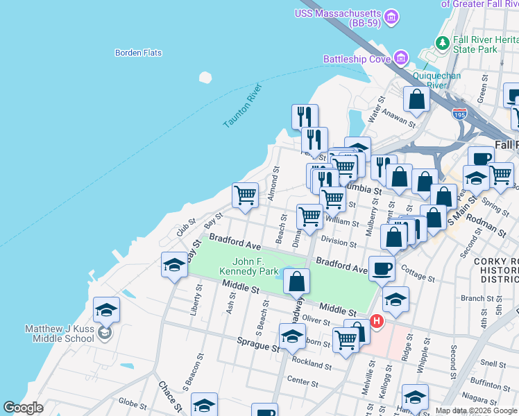 map of restaurants, bars, coffee shops, grocery stores, and more near 85 William Street in Fall River