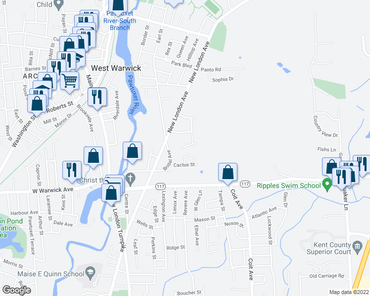 map of restaurants, bars, coffee shops, grocery stores, and more near 34 Gerald Street in Warwick