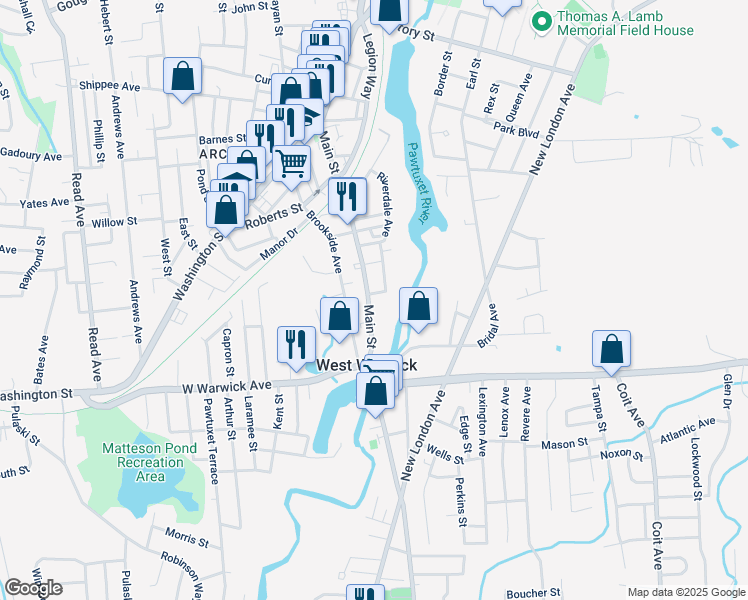 map of restaurants, bars, coffee shops, grocery stores, and more near 66 Epworth Avenue in West Warwick