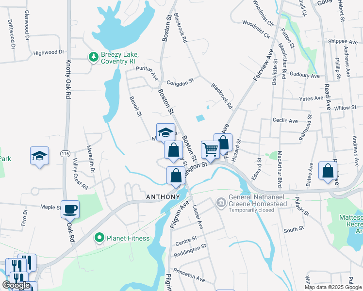 map of restaurants, bars, coffee shops, grocery stores, and more near 21 Boston Street in Coventry