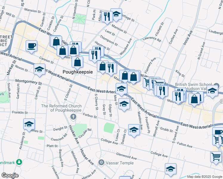 map of restaurants, bars, coffee shops, grocery stores, and more near 355 Church Street in Poughkeepsie