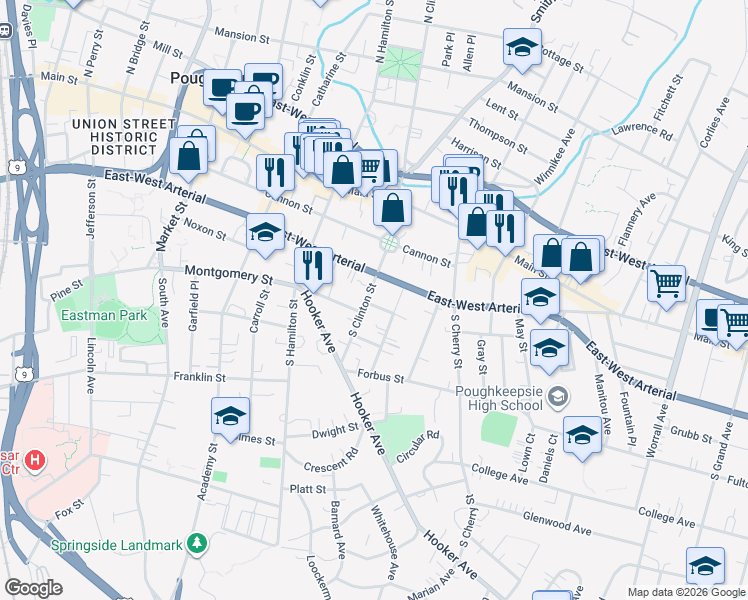 map of restaurants, bars, coffee shops, grocery stores, and more near 6 State Street in Poughkeepsie
