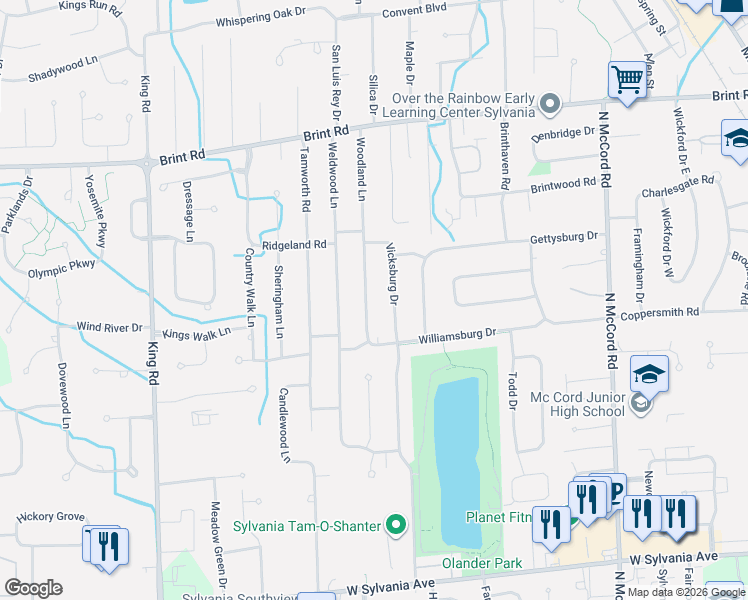 map of restaurants, bars, coffee shops, grocery stores, and more near 4607 Vicksburg Drive in Sylvania